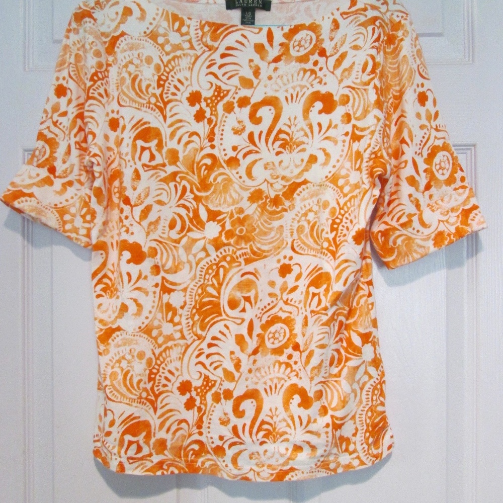 Ralph Lauren 100% cotton orange/white tee, size L
